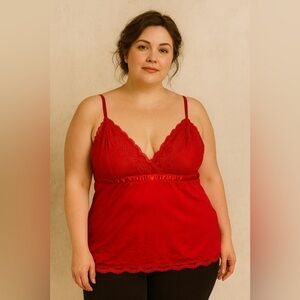 Y2K Holiday Red Lace Babydoll Cami Tank Top Plus 1X Worthington‎ Satin Trim